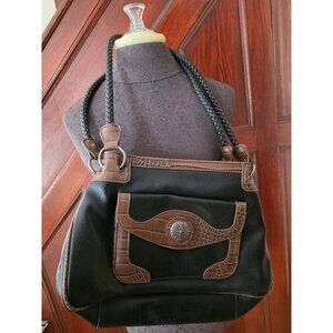 Bueno Black & Brown Faux Leather Handbag Braided Straps & Decorative Button